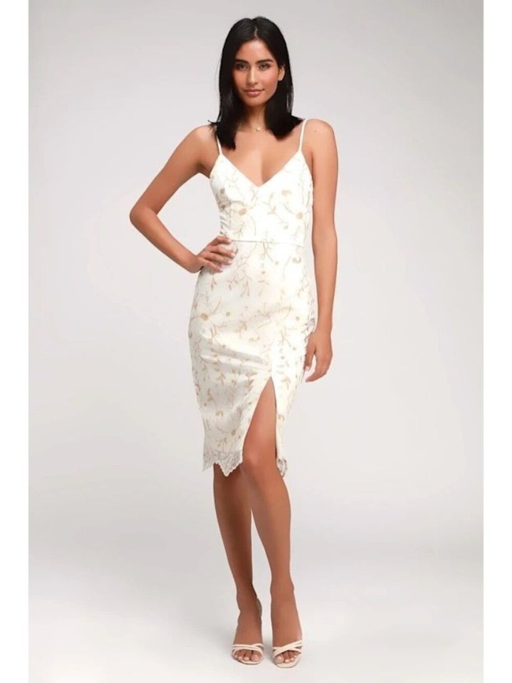 Lulus Starleena Cream and Taupe Floral Embroidered Bodycon Midi Dress Size Mediu